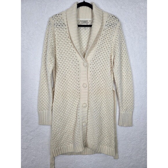 L.L.Bean Wool Angora Sweater L Cream Belted Shawl Collar Button Long Cardigan - Picture 1 of 9